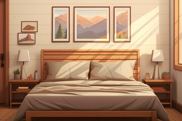 Warm sunlight streams into a cozy bedroom, highlighting nature inspired artwork and creating a peaceful atmosphere