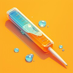health warning symptoms alerts. A colorful syringe with liquid in gradients of blue and orange, surrounded by droplets, set against an orange background.
