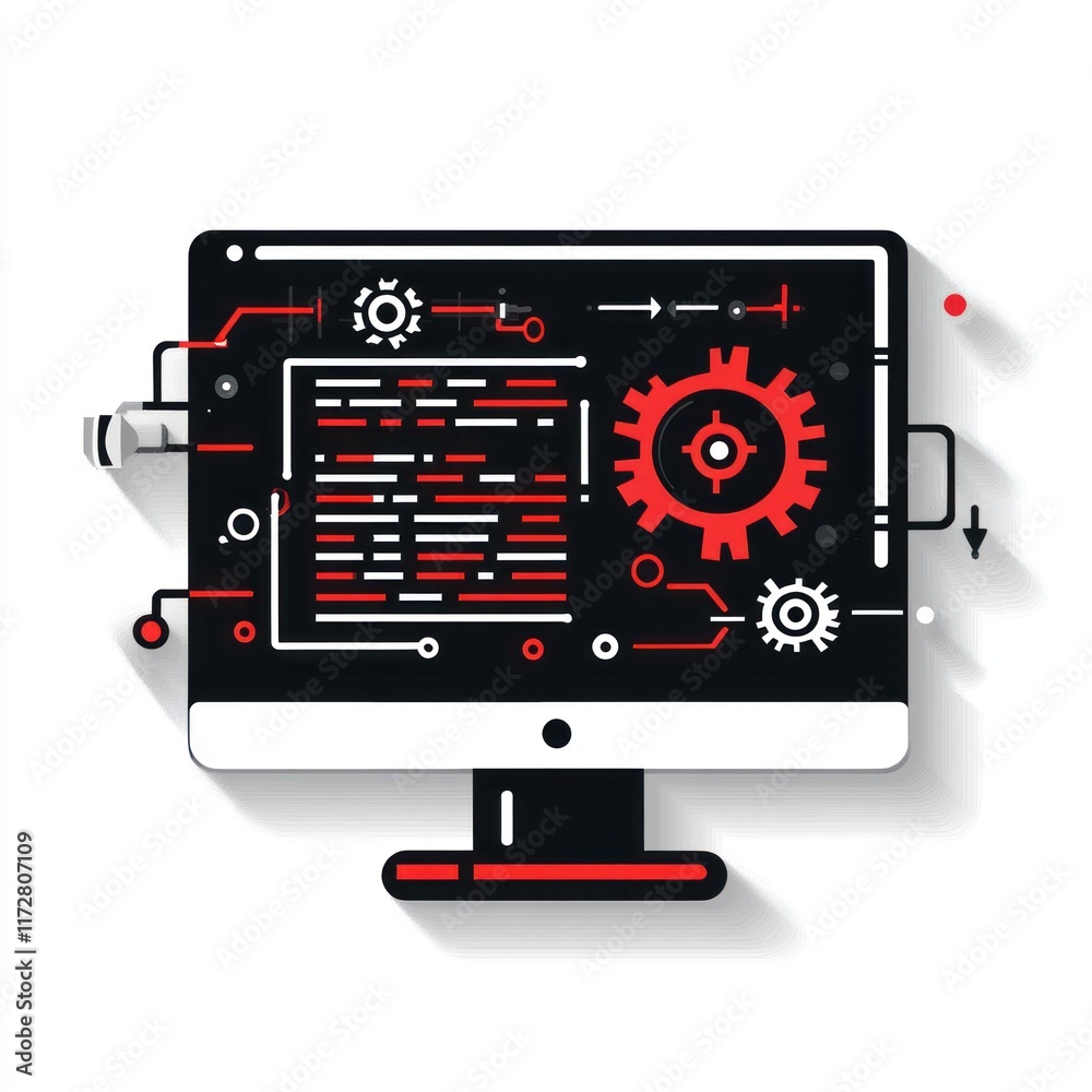 Poster computer screen showing red gears and code