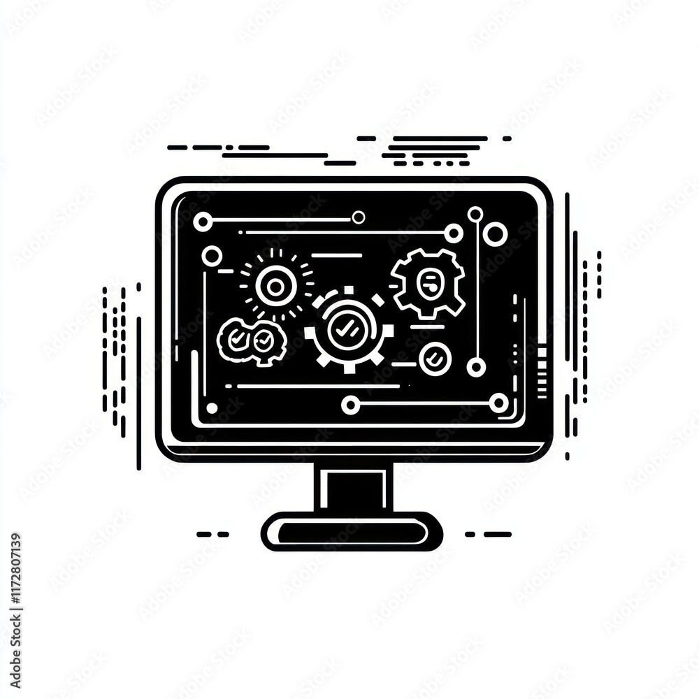 Poster computer screen displaying interconnected gears and processes