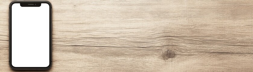 Fototapeta premium A sleek smartphone is placed on a wooden surface, showcasing a blank screen, ideal for digital mockups or design presentations.