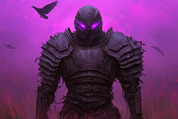 Fototapeta premium Dark Knight in Armor with Purple Glow and Mysterious Purple Sky