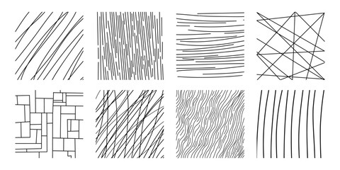 Set abstract pattern of black lines on a white background. Hand drawn vector illustration. lines different lengths and randomly spaced, creating a sense of movement and randomness. Background abstract