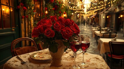 Romantic Evening in a Cozy Restaurant with Red Roses, Soft Lighting, and Charming Atmosphere, Perfect for a Special Occasion or Date Night