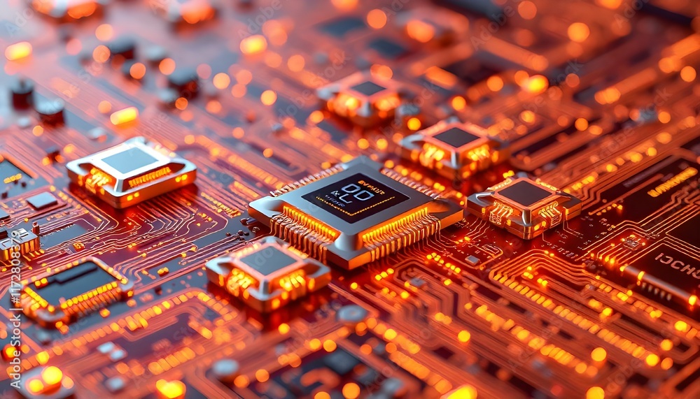 Aufkleber An abstract 3D render of quantum computing chips surrounded by glowing data streams