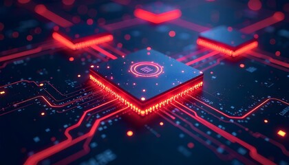 An abstract 3D render of quantum computing chips surrounded by glowing data streams