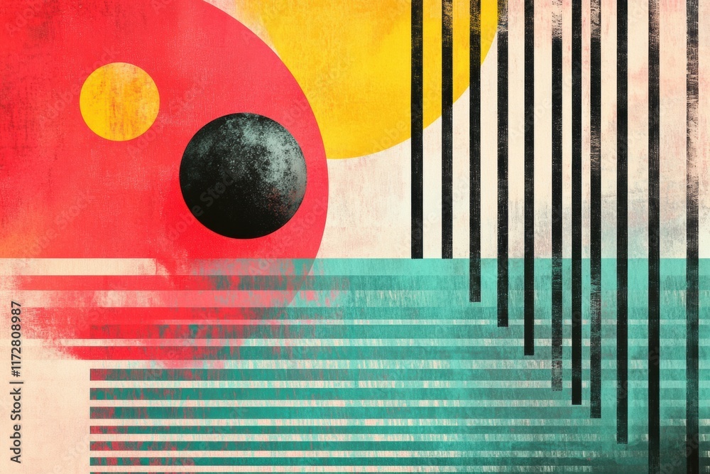 Fototapete Bold colors and geometric shapes merge in retro risograph style artwork displayed on a textured canvas background. Generative AI