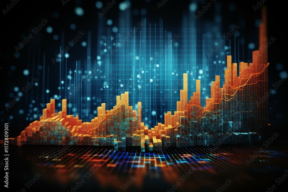 Poster growing bar graph with digital grid and binary code background indicating growing progress, analyzin