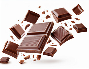 Milk chocolate bars floating with pieces, on white background. Flying dark chocolate pieces,...