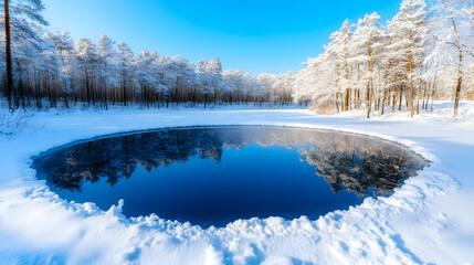Frozen pond reflecting winter forest, snowy landscape, pristine nature, idyllic winter scene, perfect for winter wonderland themes