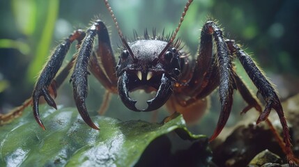 Close-up of a large ant, facing forward, with sharp mandibles, and spiny legs, on a leaf and rocks in a jungle environment.