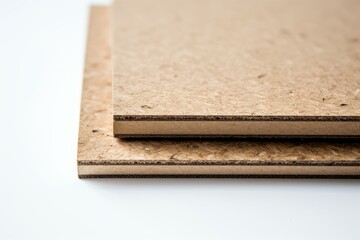 Two rectangular particle boards are stacked, revealing their layered structure and composition