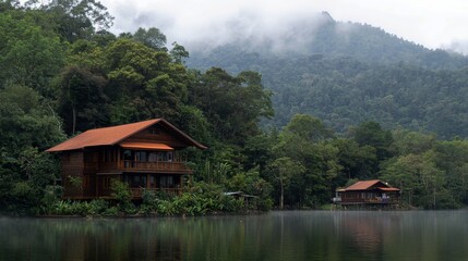 Fototapeta premium Cozy Lakeside Cabin Surrounded by Lush Greenery and Misty Mountains