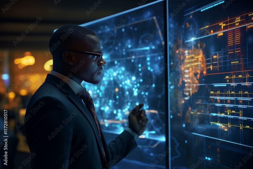 Poster government agent analyzing data on a futuristic user interface with charts, graphs and statistics on