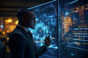 Government agent analyzing data on a futuristic user interface with charts, graphs and statistics on a touchscreen display