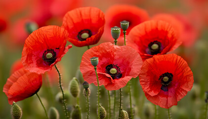 Obraz premium Vibrant red poppies in a field, showcasing their delicate petals and intricate details. A stunning close-up view of nature's beauty.