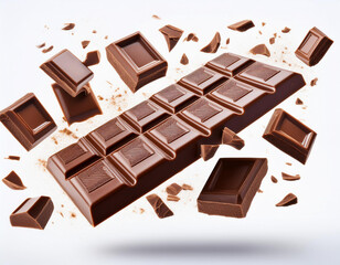 Milk chocolate bars floating with pieces, on white background. Flying dark chocolate pieces,...