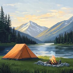 Scenic Mountain Landscape with Tent and Campfire by the Lake