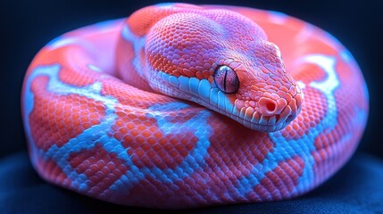 Close-up of a vibrant orange and blue snake coiled on a dark background.