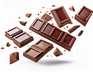 Milk chocolate bars floating with pieces, on white background. Flying dark chocolate pieces, isolated