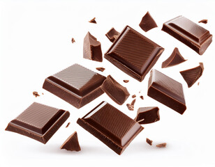 Milk chocolate bars floating with pieces, on white background. Flying dark chocolate pieces,...