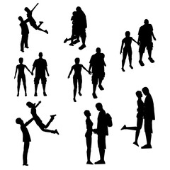 Series of silhouettes of people in various poses, including a man holding a woman's hand