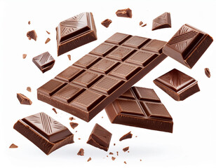 Milk chocolate bars floating with pieces, on white background. Flying dark chocolate pieces,...