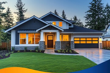 Obraz premium Stylish modern home at dusk, perfect for real estate advertising.