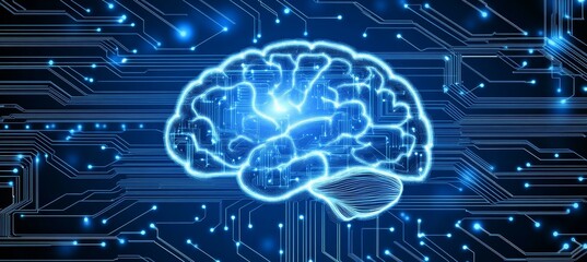 Fototapeta premium Artificial Intelligence. Glowing Brain On Circuit Board Background, Technology Concept