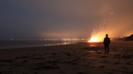 Silhouetted Figure Standing Near a Towering Beach Bonfire at Night