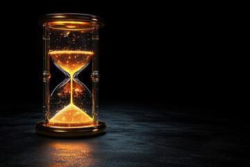 Glowing hourglass on dark floor, sand falling, dark background, time concept
