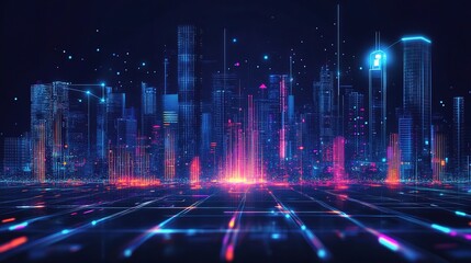 Futuristic Cityscape with Neon Lights and Glowing Elements