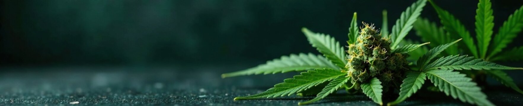 Dark background with a single ounce of marijuana, leafy green, packaging
