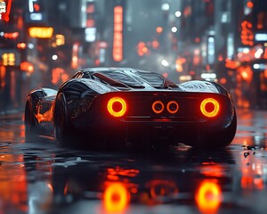 Futuristic sports car at night in a cyberpunk city.