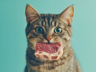 cat bites a beef in its mouth, solid color background