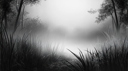 Obraz premium Misty Swamp Landscape With Tall Grasses And Trees