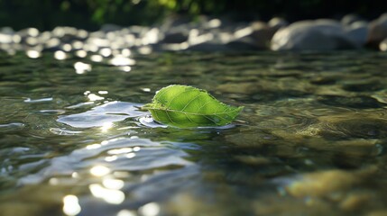 Green leaf floating on crystal-clear water with sunlight reflections.