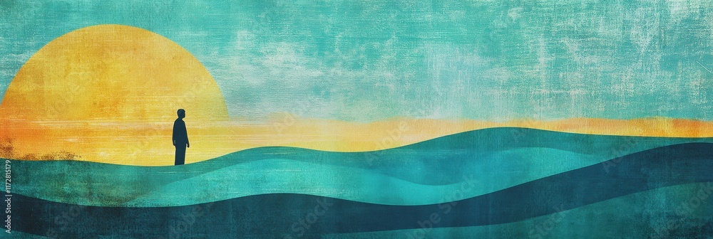 Poster silhouette of a person on rolling hills against a colorful retro sunset near the ocean. generative a