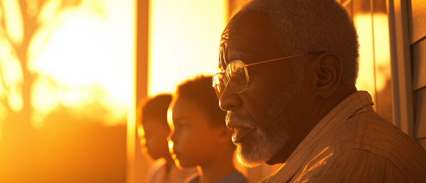 Black history civil rights inspiration storytelling. An elderly African American man sharing life stories, captured in a heartfelt moment. - Powered by Adobe