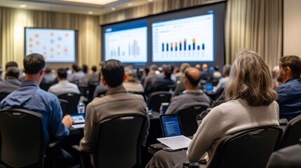 A diverse group of attendees attentively listening to a presentation in a conference setting.