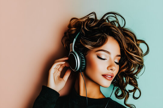 Gros plan sur jeune femme allong&eacute;e coutant de la musique avec un casque audio,
