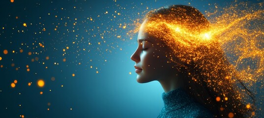 Woman With Flowing Light Particles, Spirituality, Concept of Enlightenment, High Resolution