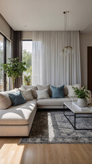 Naklejka premium Bright and open traditional rural home design with neutral sofa large windows and cozy rug beneath the furniture