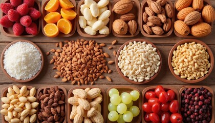 Variety of nuts, seeds, and fruits arranged in wooden bowls