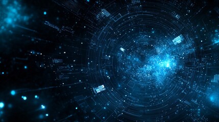 Obraz premium A mesmerizing blue abstract digital background depicting a cosmic universe of data and technology.