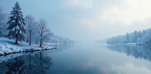 Frosty lake and trees under grey sky with snowfall, cold, lake, calm