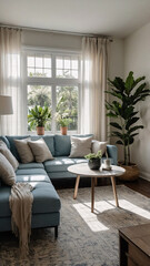 Naklejka premium Bright and welcoming traditional rural home interior with neutral color sofa large windows and wool rug under furniture