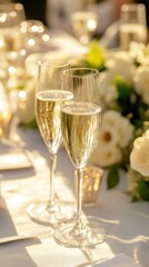 Elegant Outdoor Wedding Celebration with Champagne and White Roses in Sunlight