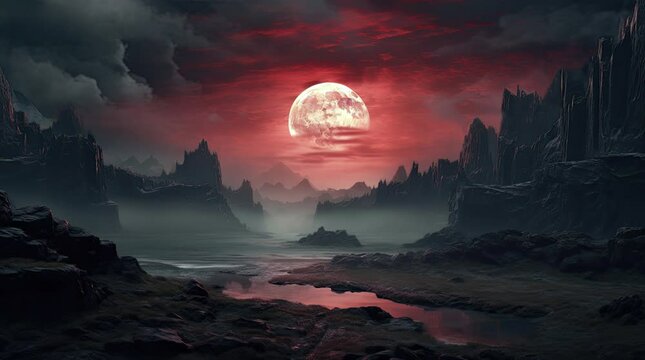 A view of the moon with a red sky. 4k animated video