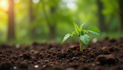 Fototapeta premium Small green sprout in soil with sunlight in forest